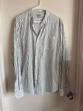 Men's White Button-Down Shirt with Green Stripes